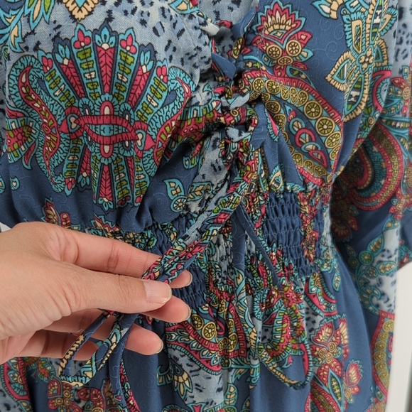 19974 Boemo Paisley Maxi Dress Blue size Small kimono sleeves bohemian beach - Picture 5 of 7